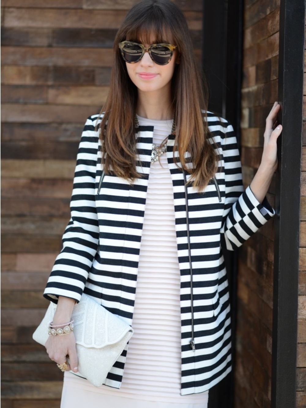 Halogen Black & White Striped Coat Jacket Size Large Chic Zip Pocket Topper